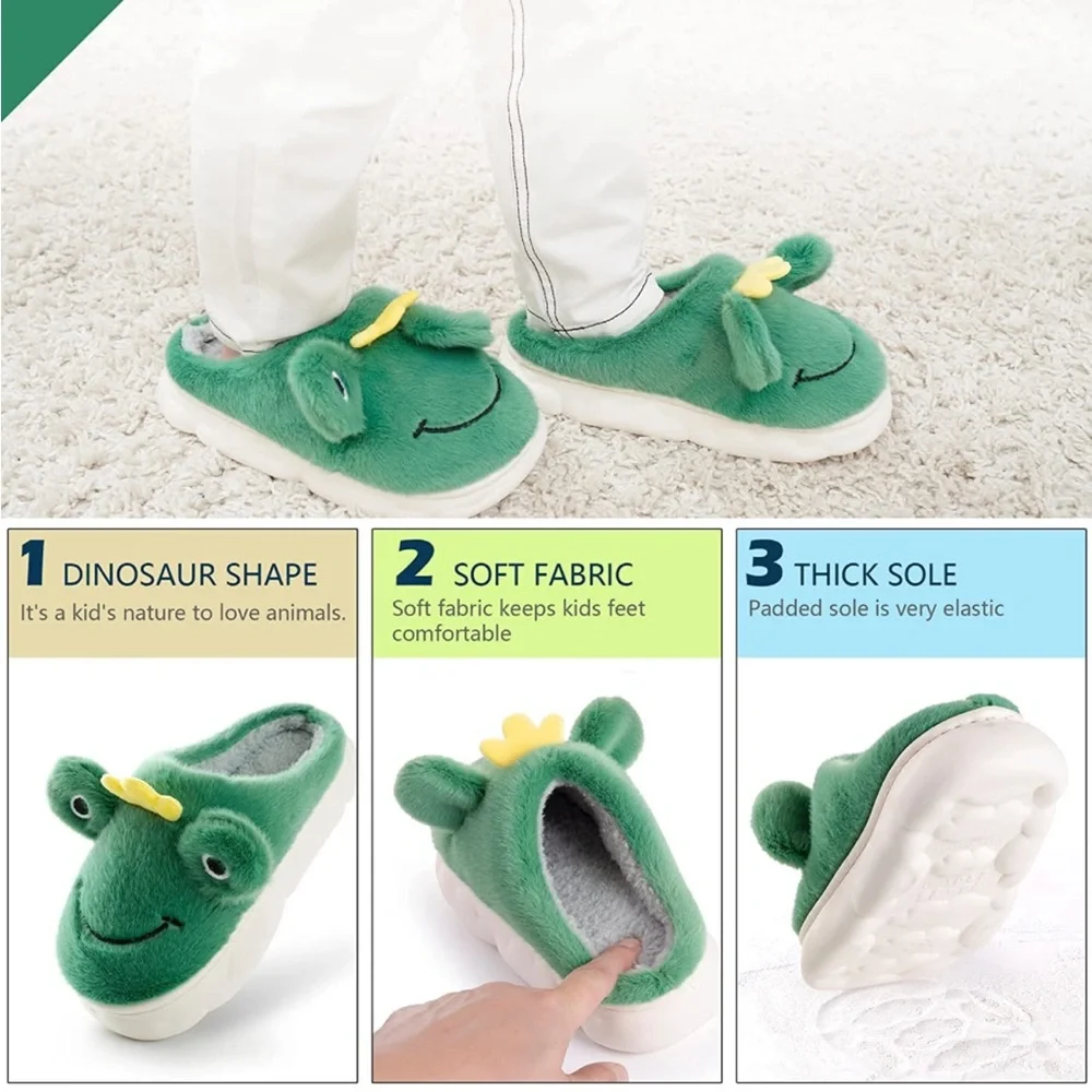 HEEHIPOO Kids’ Fuzzy Frog Character Non-Slip House Slippers - Green